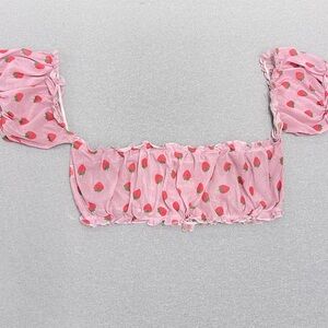 Strawberry Sheer Puff-Sleeve Crop Top